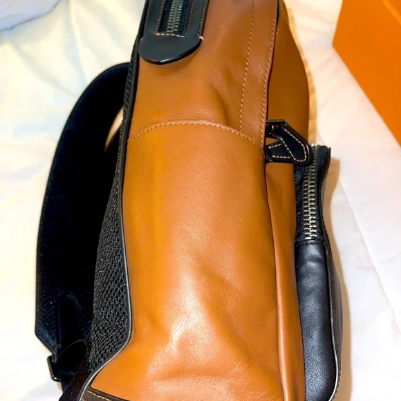 COACH charter calf skin leather backpack— black & dark saddle.